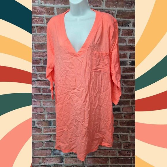 Lands' End Pink Red Cotton Swim Cover-Up Dress Large 3/4 Sleeve V Neck - Picture 1 of 7